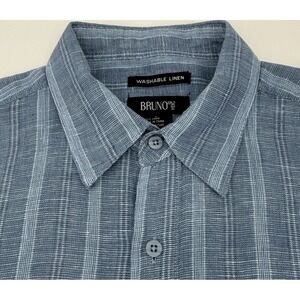 Bruno Linen Shirt Mens L Blue Striped Button Up Short Sleeve Summer